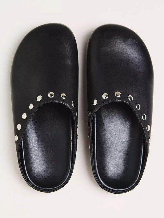 Black Square-Toe Studded Backless Slip-On Flats
