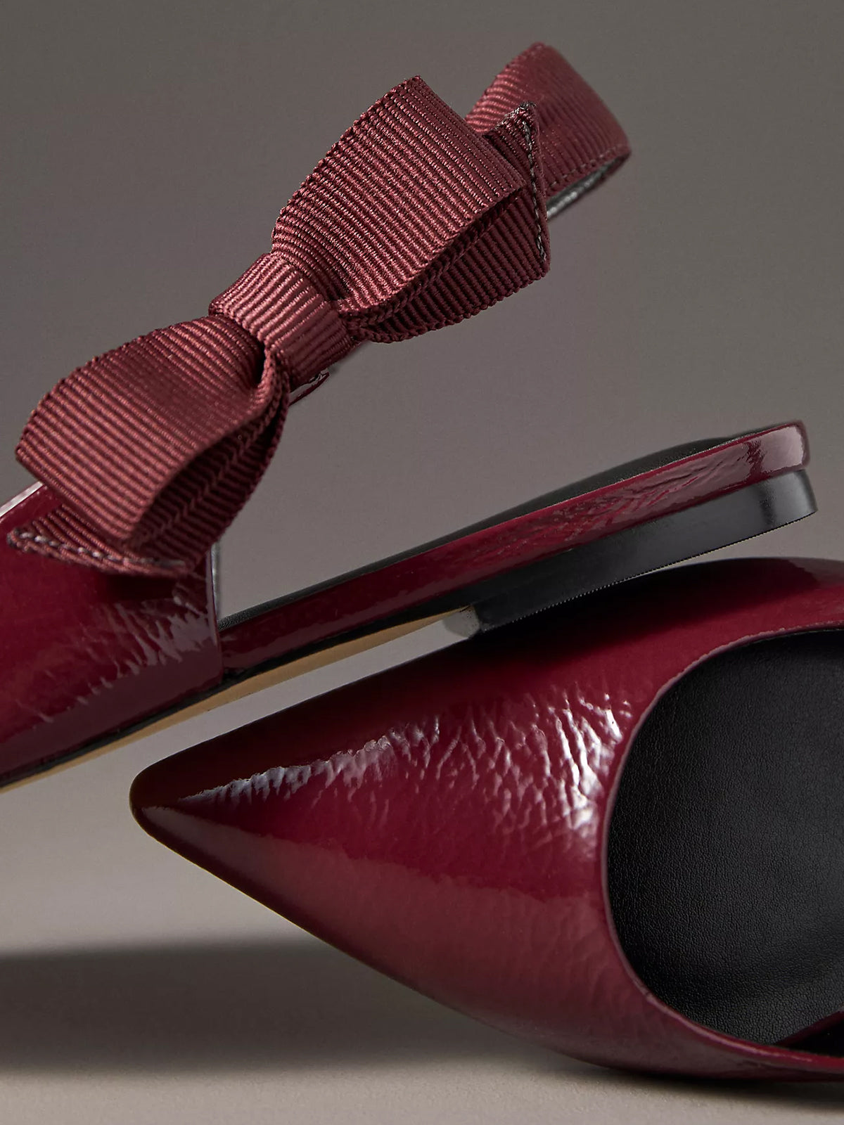 Patent Wine Red Pointed-Toe Side-Bow Slingback Flats