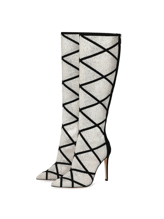 Mesh And Black Faux Suede Pointed-Toe Rhinestones Back Full-Zip Knee High Stiletto Boots