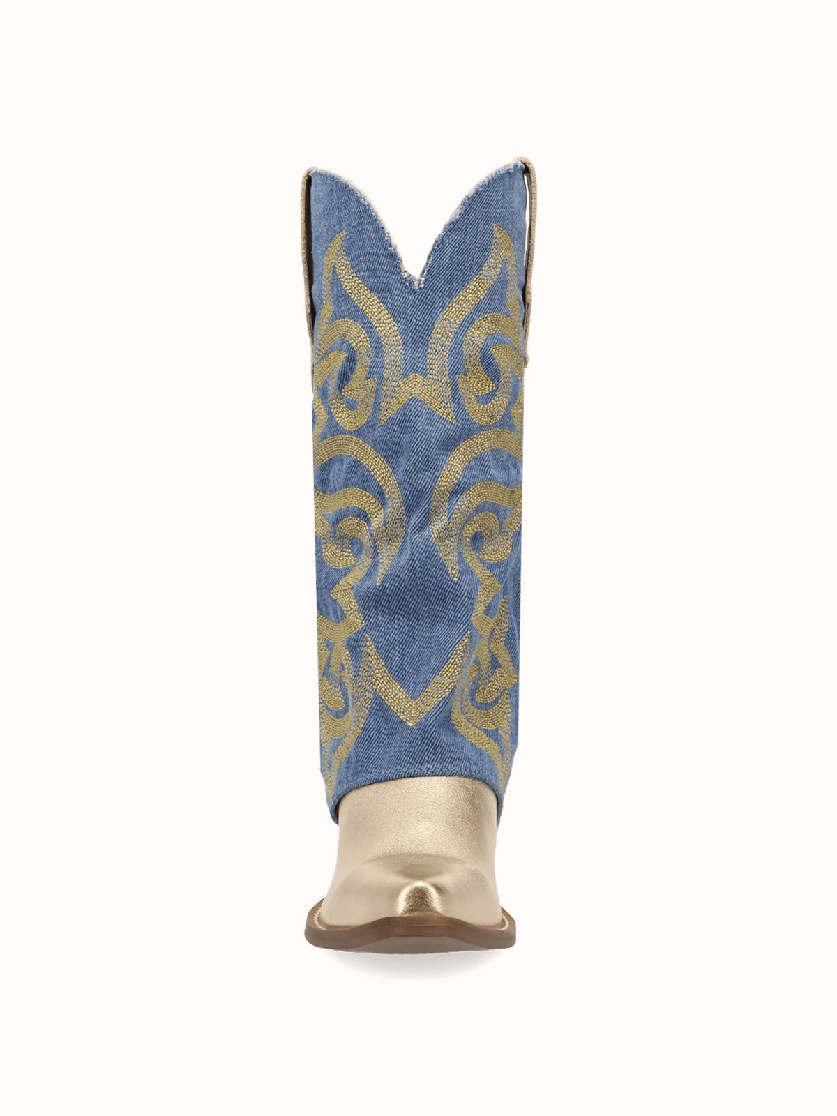 Blue Denim And Gold Snip-Toe Embroidery Fold-Over Wide Calf Knee High Cowgirl Boots