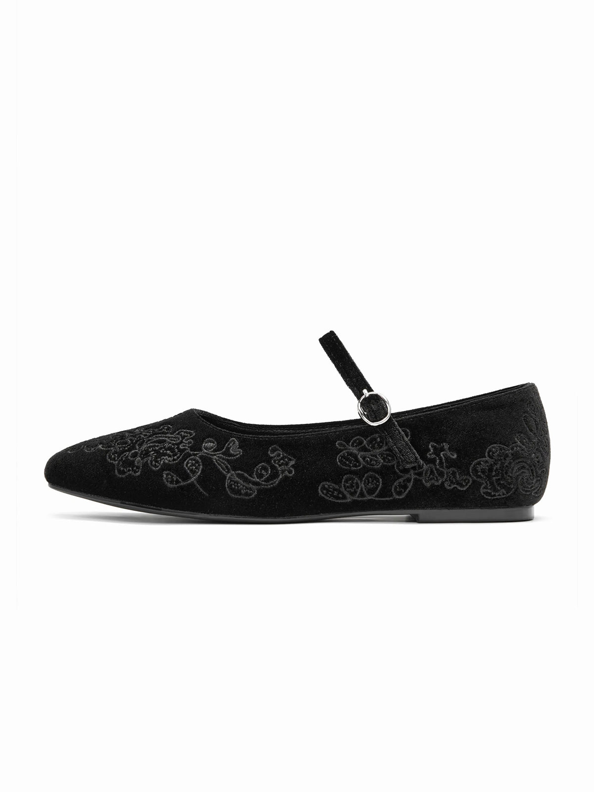 Black Velvet Square-Toe Leaves Embroidery Chic Mary Jane Ballet Flats