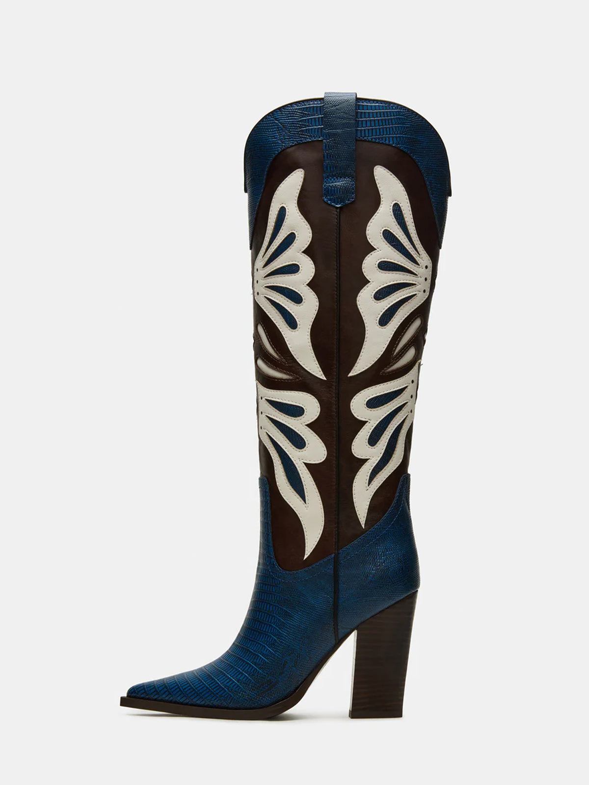 Contrast Blue Lizard And Black Pointed-Toe Wings Applique Knee High Cowgirl Boots