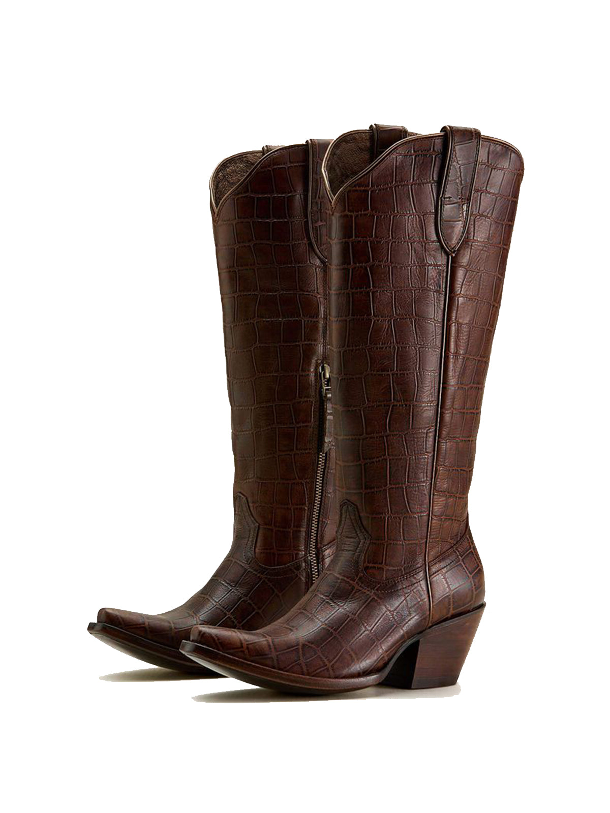 Каубойски ботуши до коляното с щампа от кафеени камъни, къси пръсти и цип с половин цип