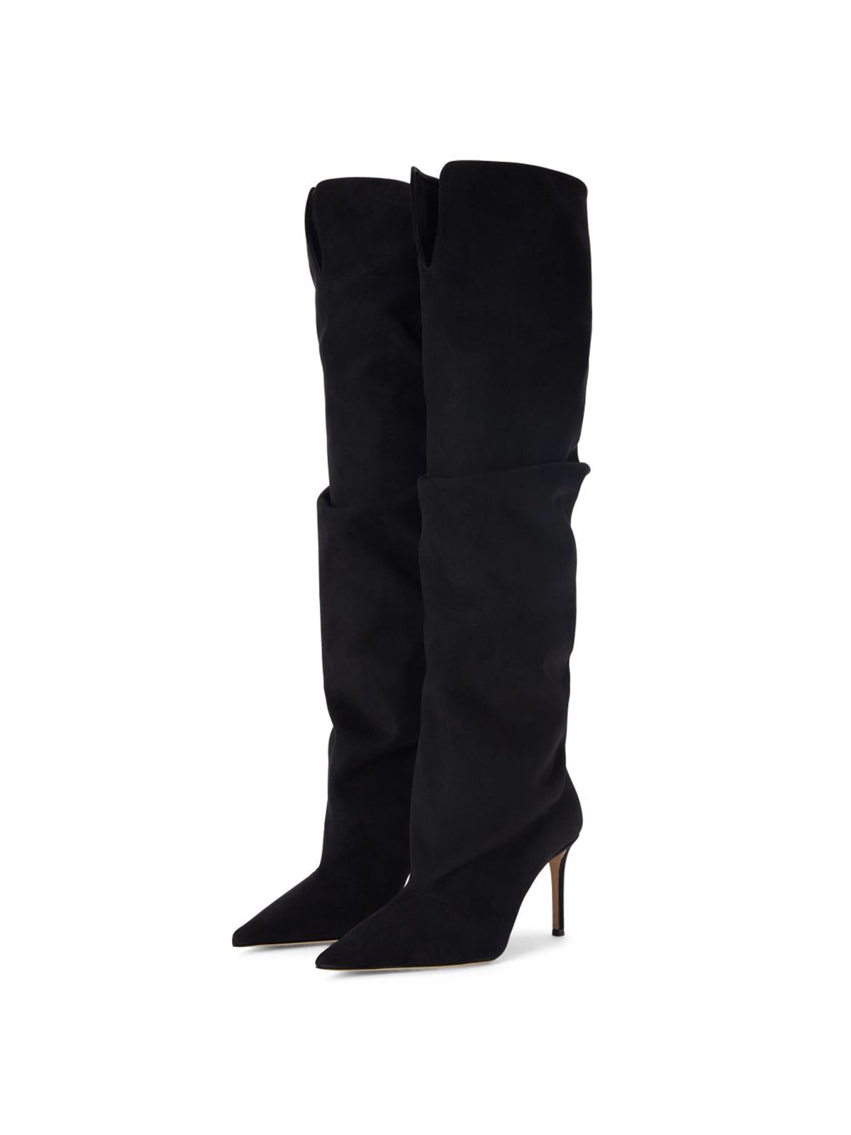Black Faux Suede Pointed-Toe Sleek Wide Calf Knee High Stiletto Boots