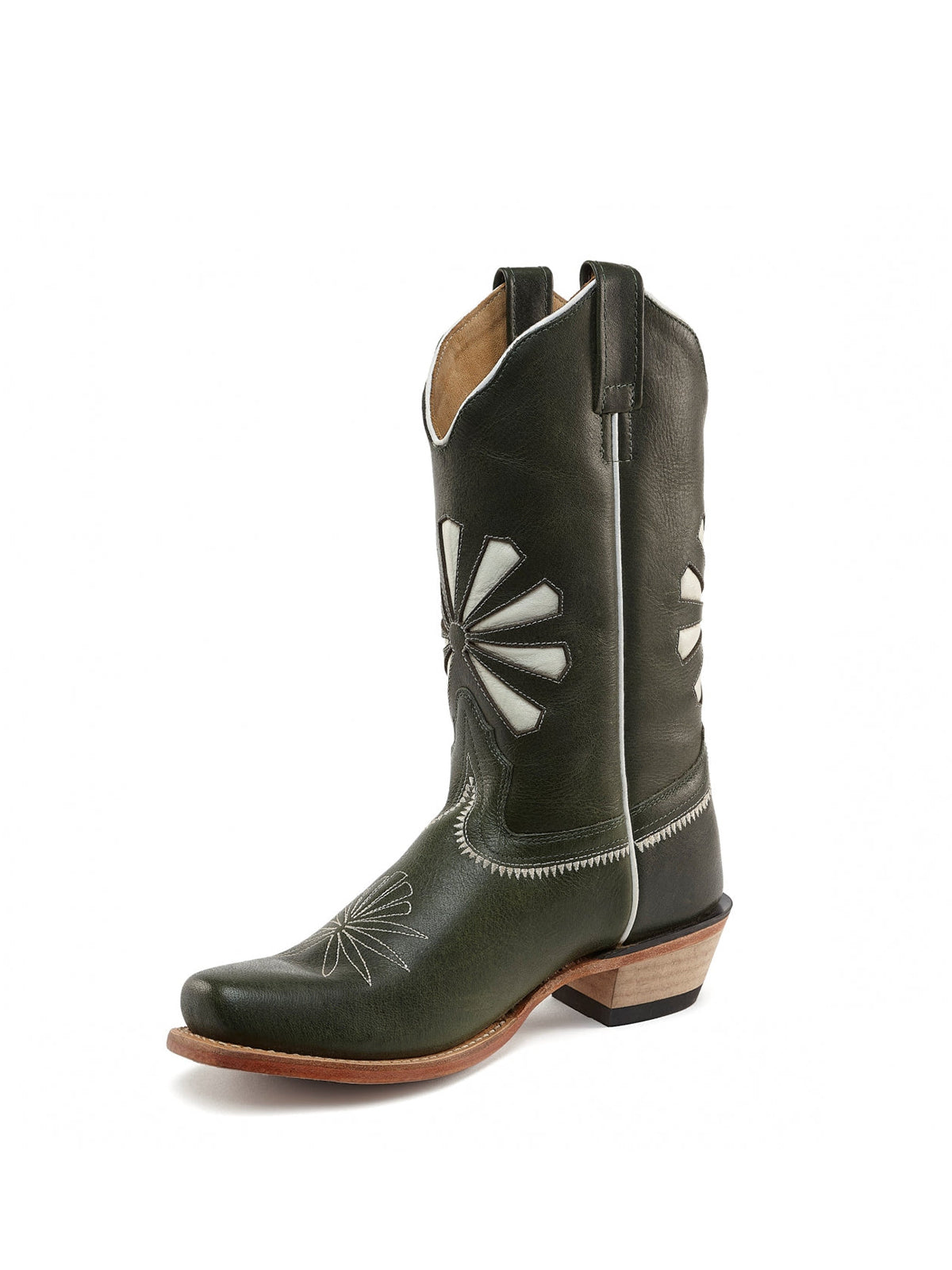 Black Snip-Toe Floral Embroidery Western Mid Calf Cowgirl Boots