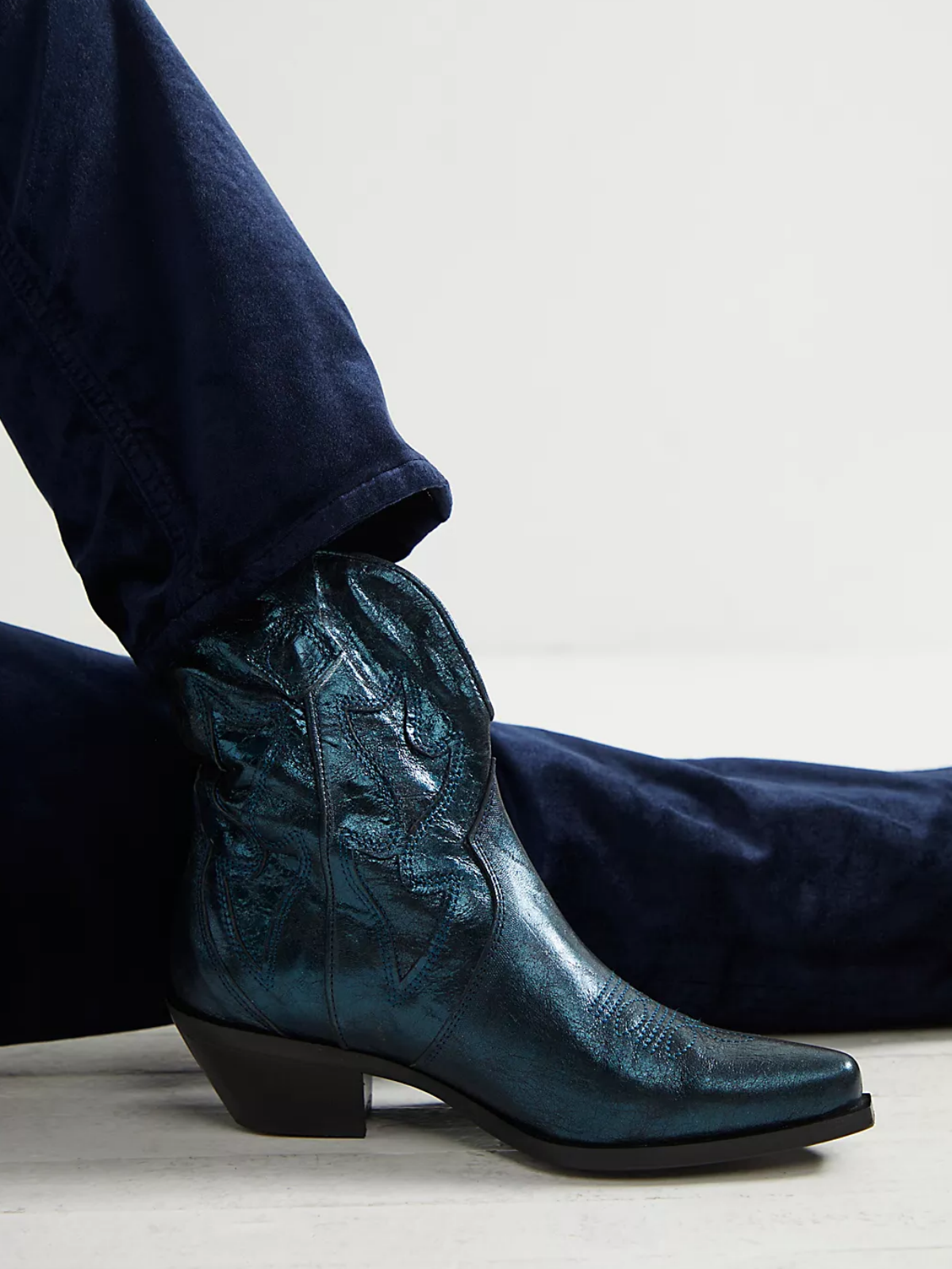 Metallic Blue Crinkle Stitch Inlay Pointy Cowgirl Ankle Booties