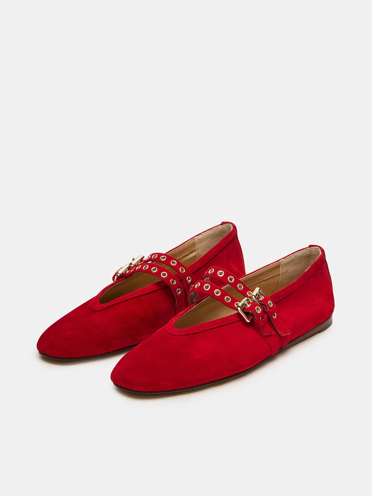 Red Faux Suede Square-Toe Double Bridge Straps Ballet Flats