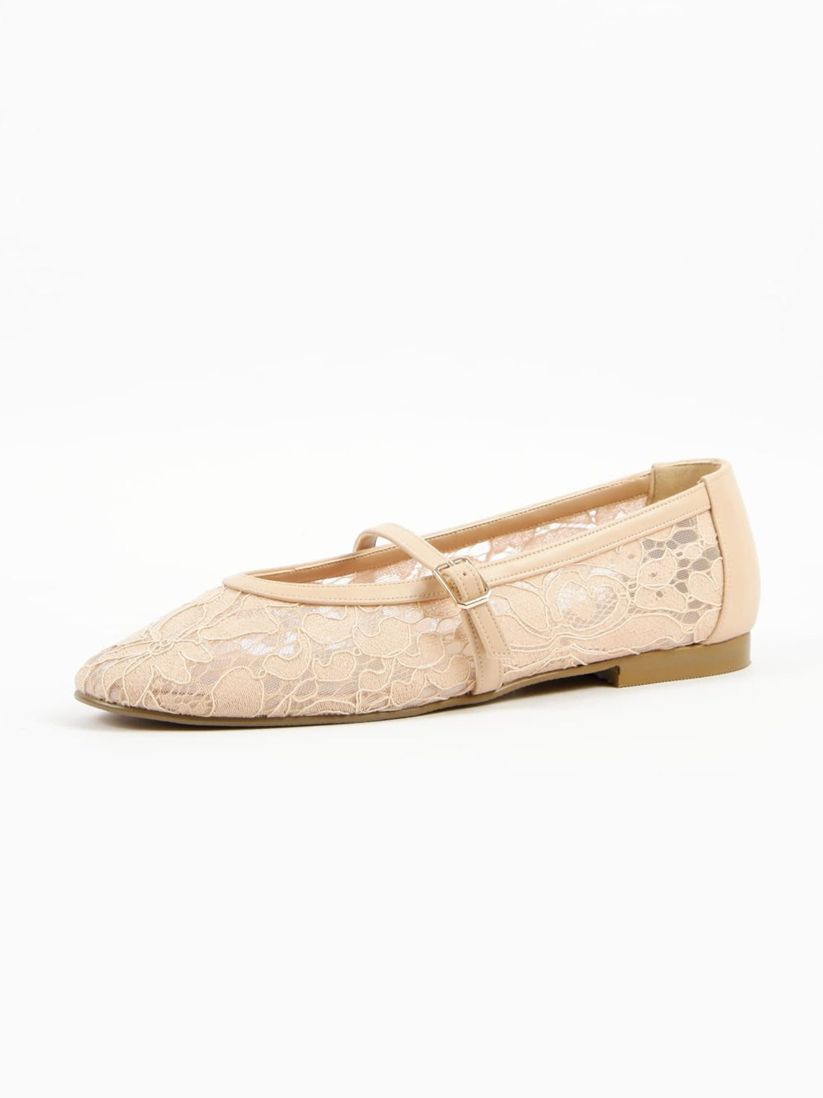 Nude Lace Mesh Round-Toe Chic Mary Jane Classic Ballet Flats