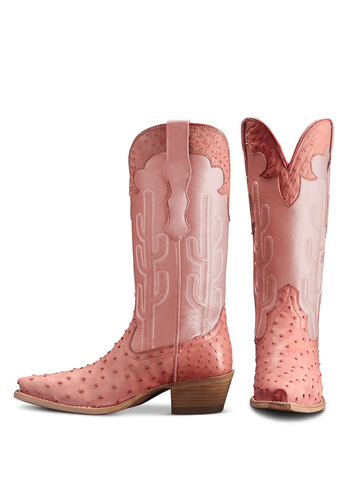 Contrast Pink And Ostrich Print Snip-Toe Cactus Embroidery Mid Calf Cowgirl Boots