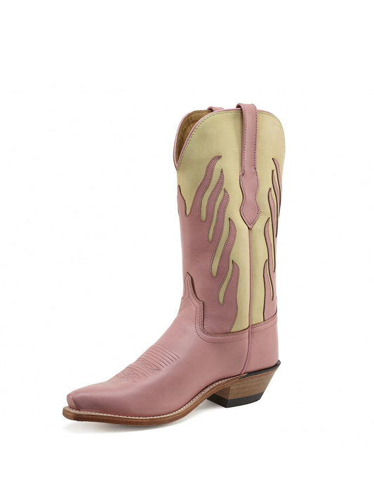 Pink And Beige Snip-Toe Flame Embroidery Mid Calf Cowgirl Boots