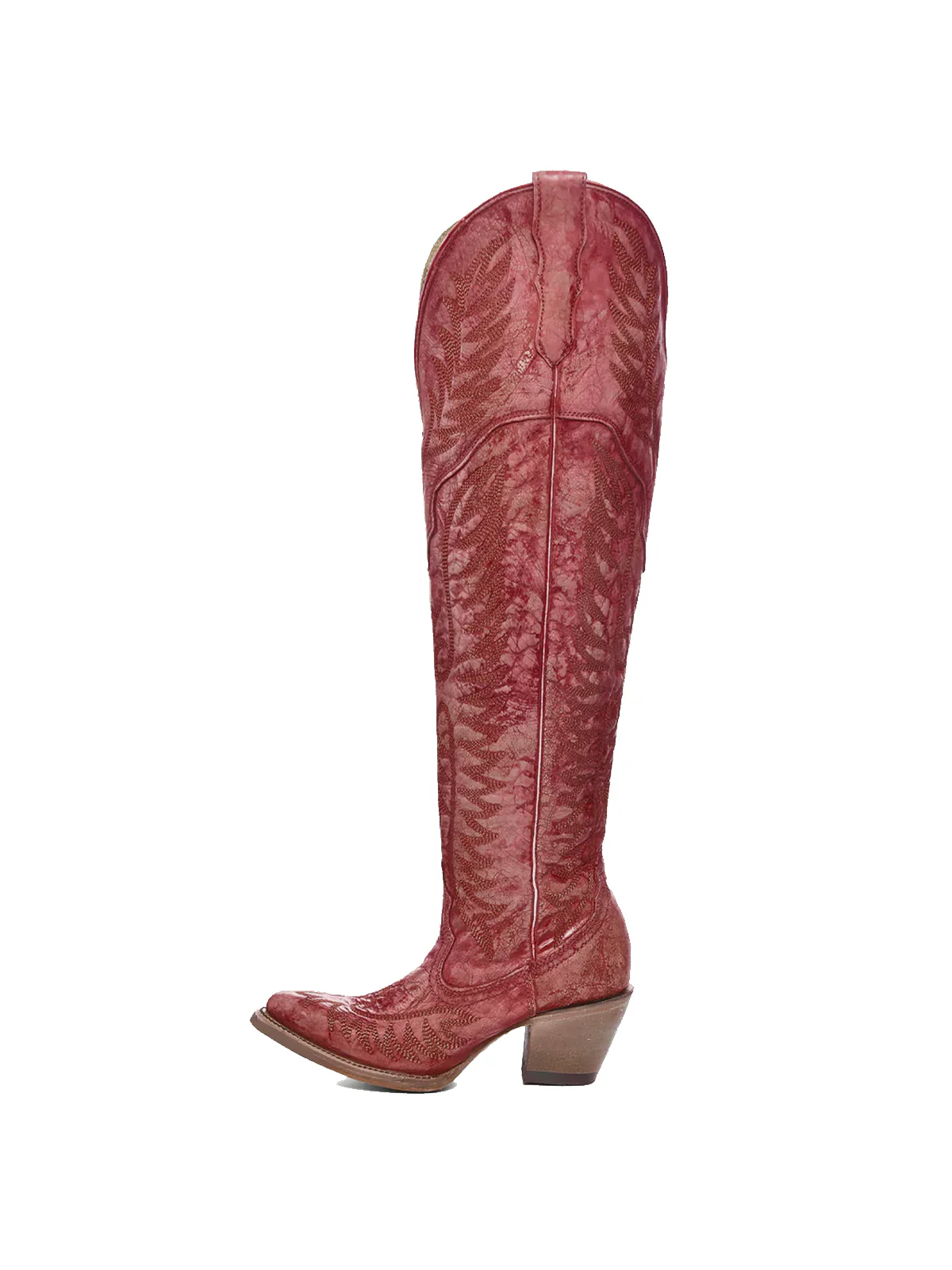 Almond-Toe Classic Embroidery Half-Zip Over-The-Knee Cowgirl Boots - Distressed Red