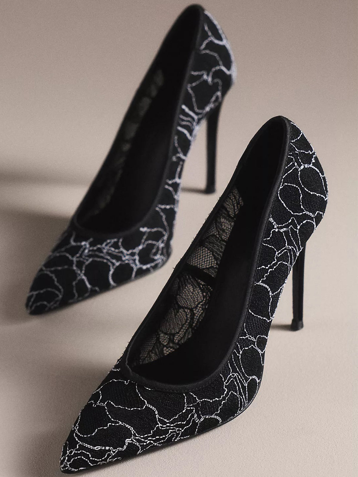Black Lace Mesh Pointed-Toe Slip-On Stiletto Pumps High Heels