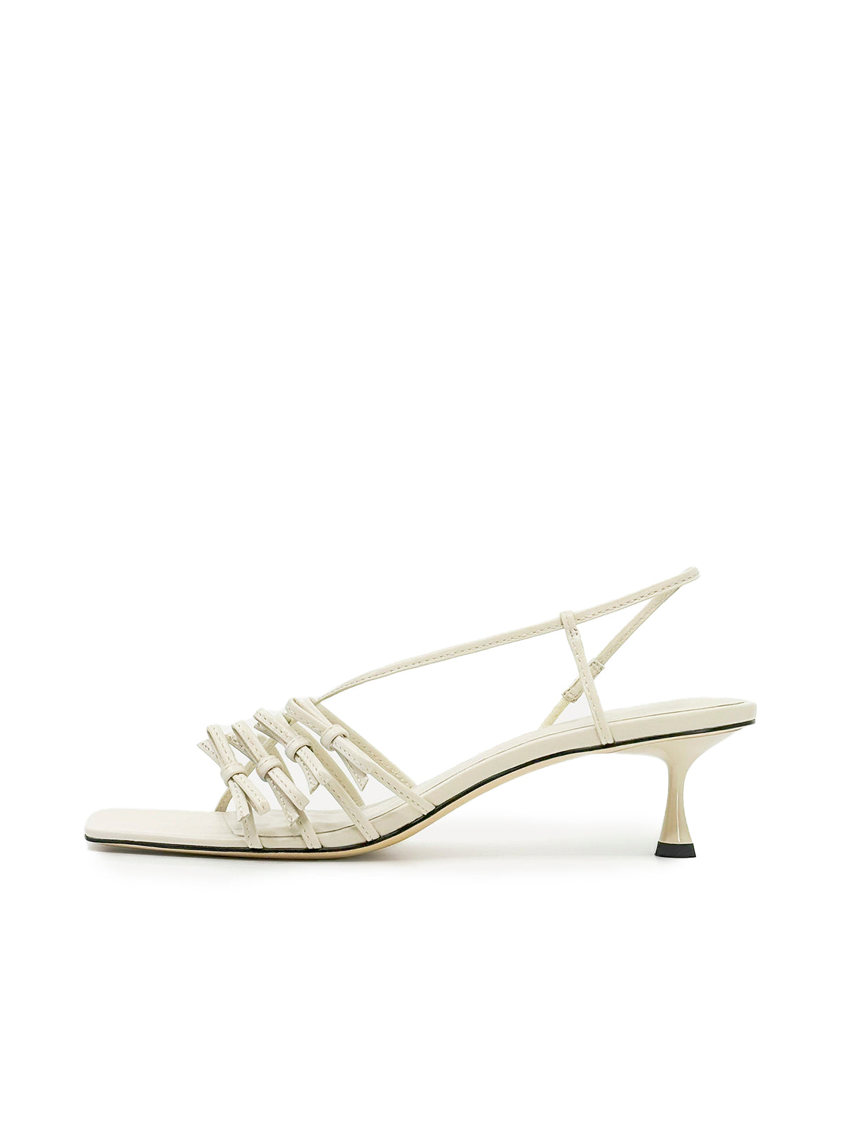 Beige Square-Toe Multi-Straps With Bows Kitten Heels