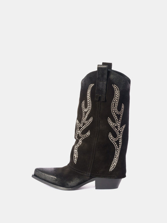 Black Faux Suede Snip-Toe Studded Fold-Over Mid Calf Cowgirl Boots