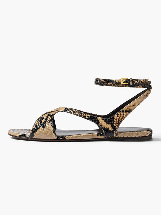 Snakeskin Pattern Square-Toe Crossed Straps Back And Ankle Strap Flats