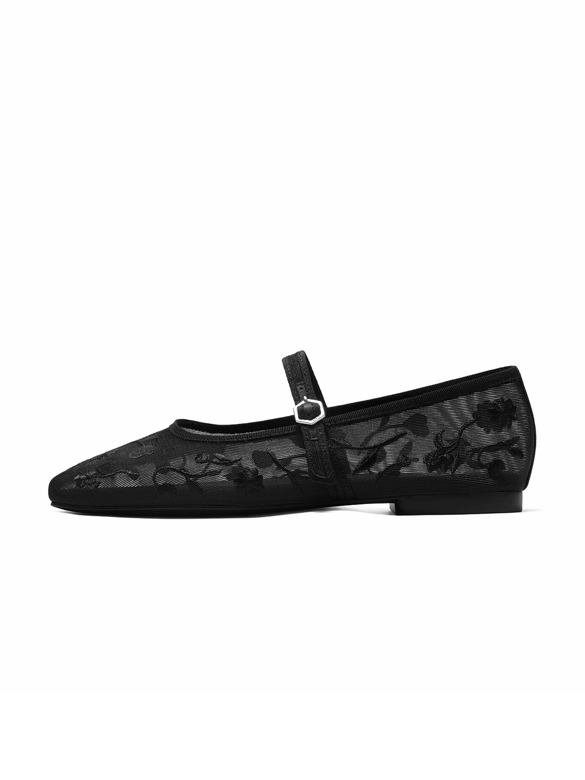 Mesh And Satin Square-Toe Floral Embroidery Mary Jane Flats - Black