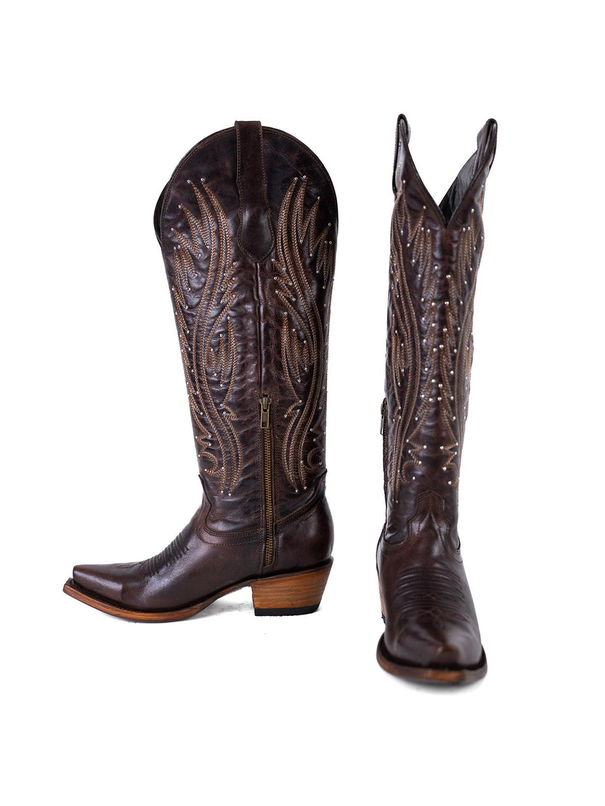 Chocolate Western Snip-Toe Embroidery And Studs Half-Zip Knee High Cowgirl Boots