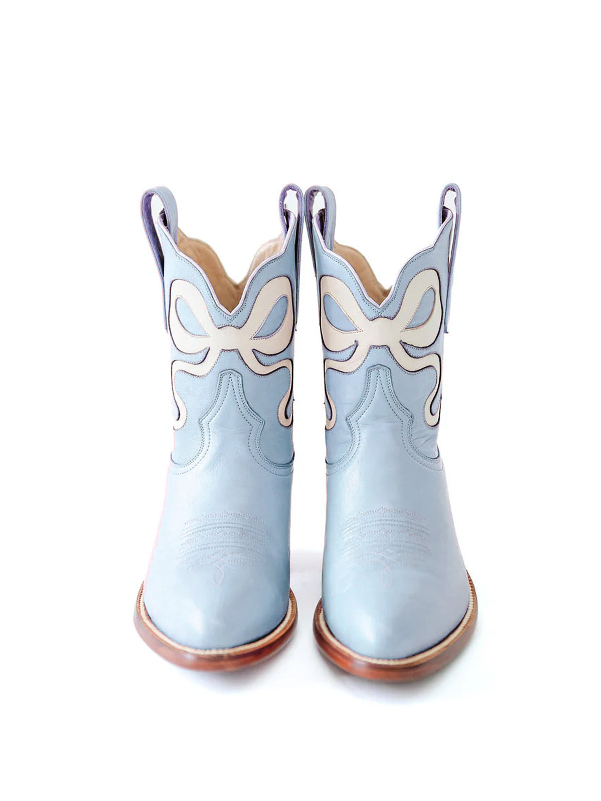 Blue Almond-Toe Ankle Western Boots With White Bowknot Inlay