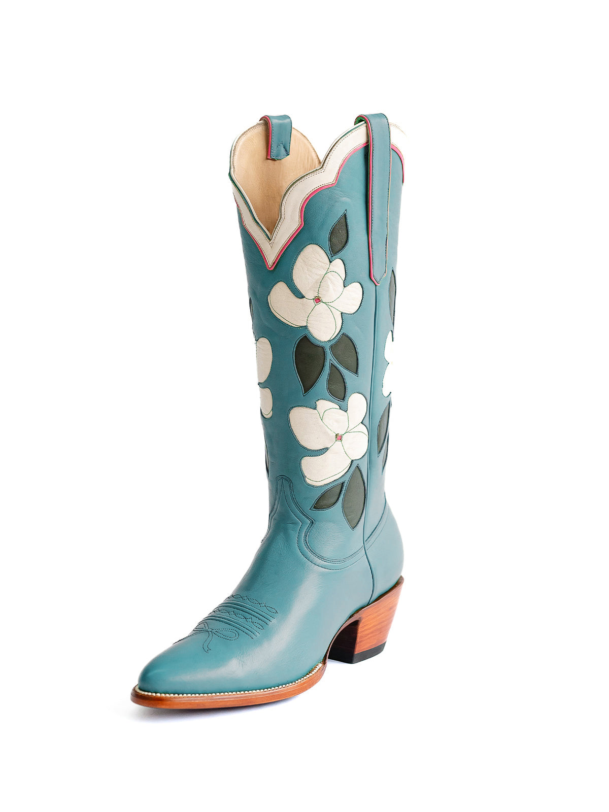 Ink Blue Almond-Toe White Flower Inlay Wide Calf Knee High Cowgirl Boots
