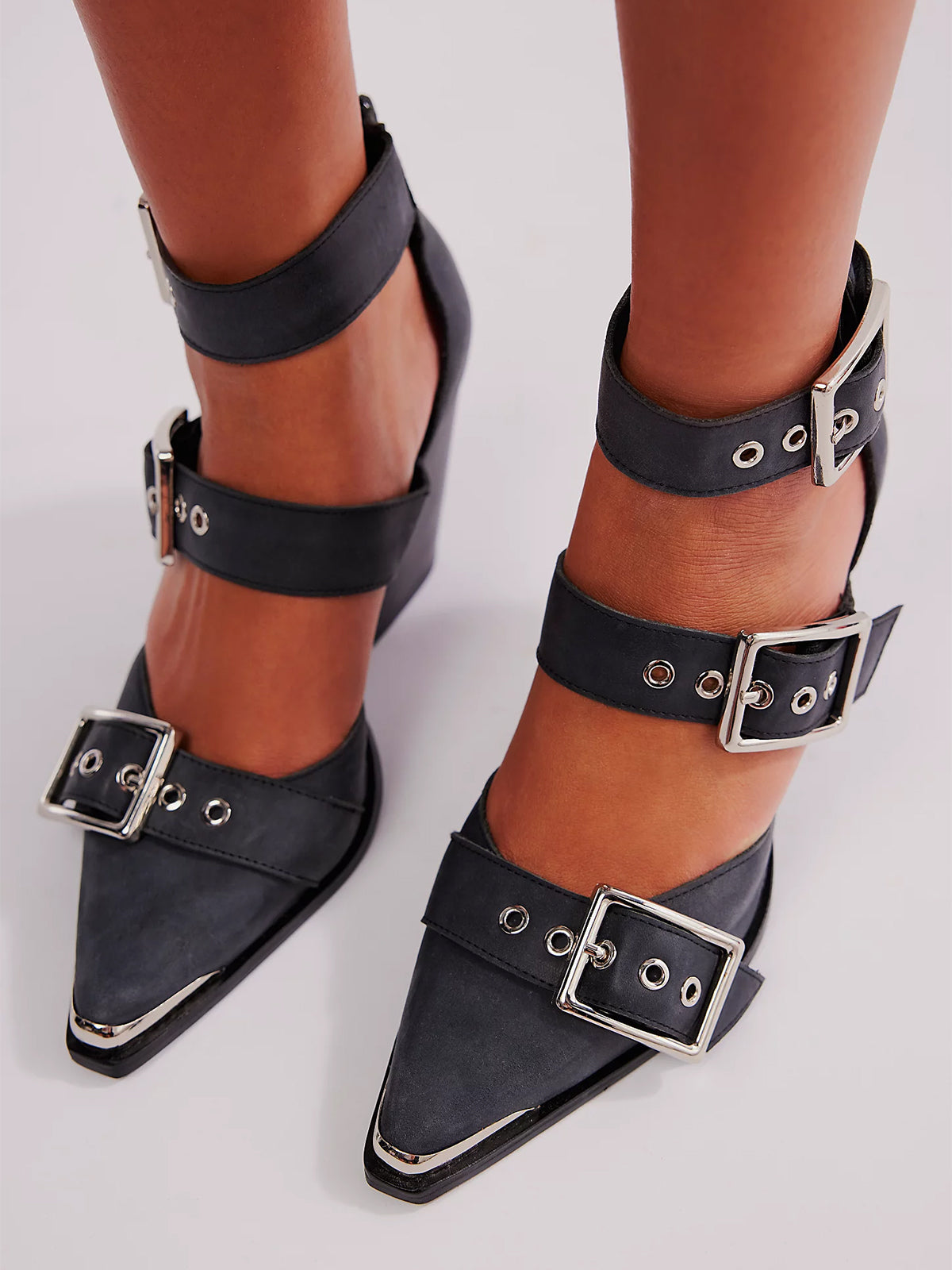 Pointed-Toe Three Buckled Straps Back Zip Chunky High Heels - Black