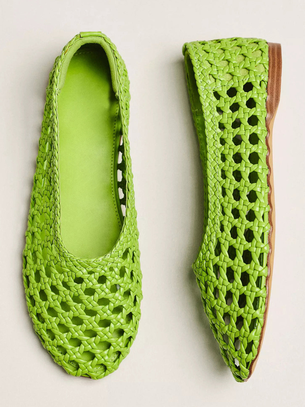 Green Woven Vegan Leather Round-Toe Slip-On Classic Ballet Flats