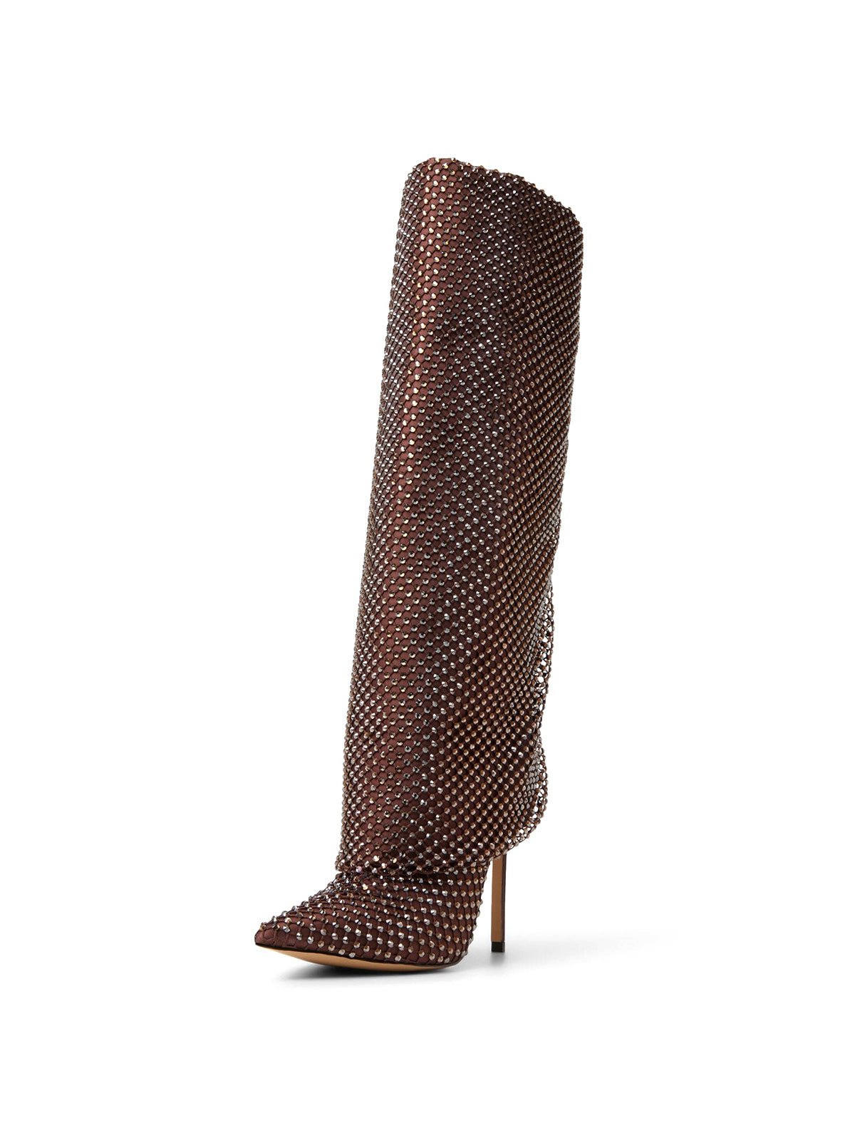 Dark Brown Mesh Satin Pointed-Toe Rhinestone Knee High Stiletto Boots