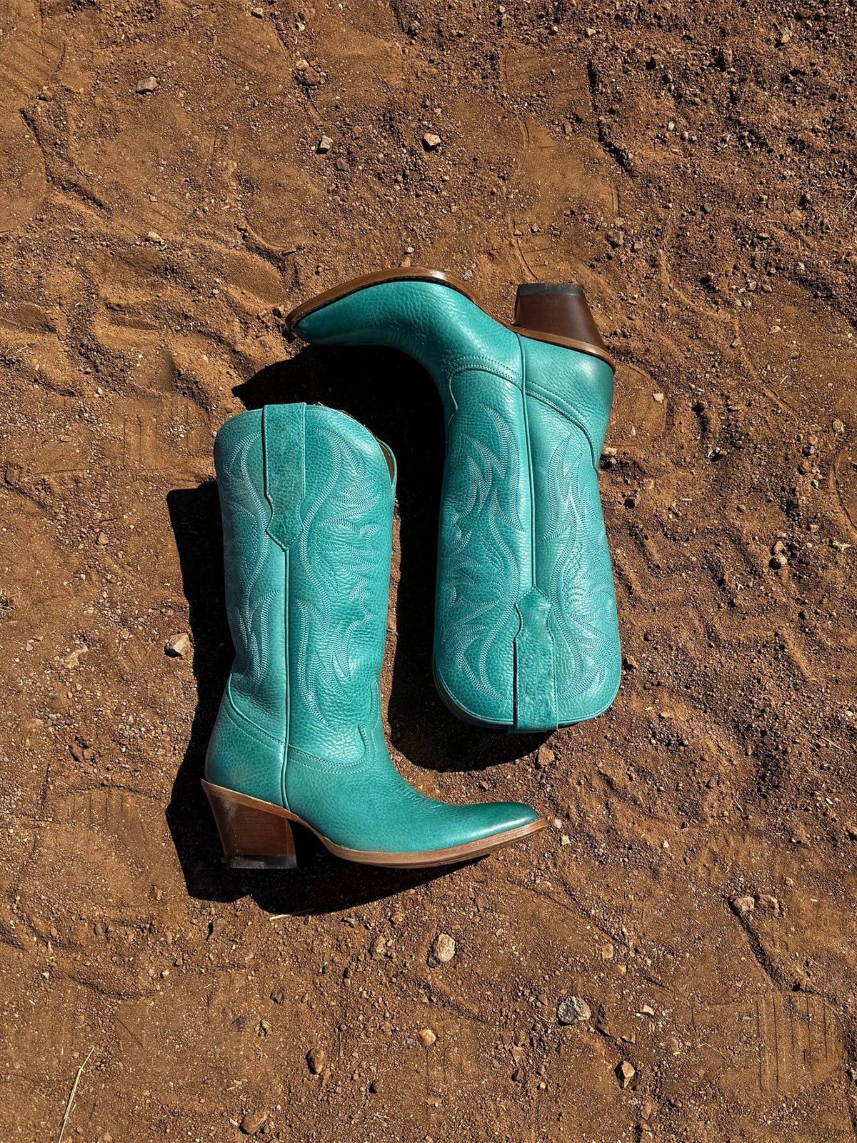 Distressed Turquoise Almond-Toe Embroidery Mid Calf Cowgirl Boots