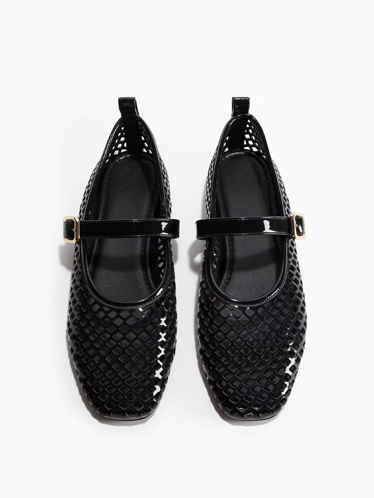 Perforated Square-Toe Bridge Strap Mary Jane Ballet Flats - Black Patent