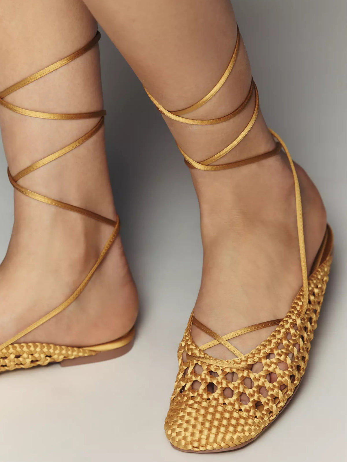 Yellow Nylon Rope Woven Square-Toe Ankle-Wrap Mules Flats