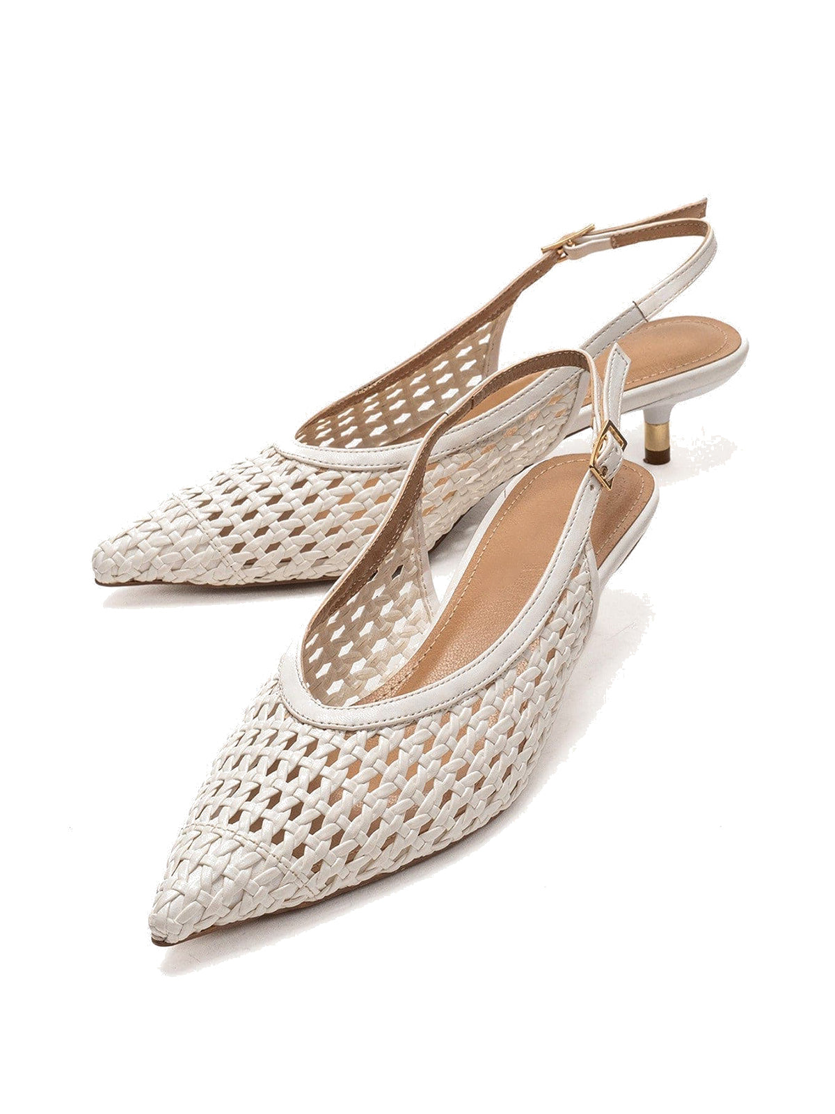 White Woven Vegan Leather Pointed-Toe Classic Back Strap Pumps Kitten Heels