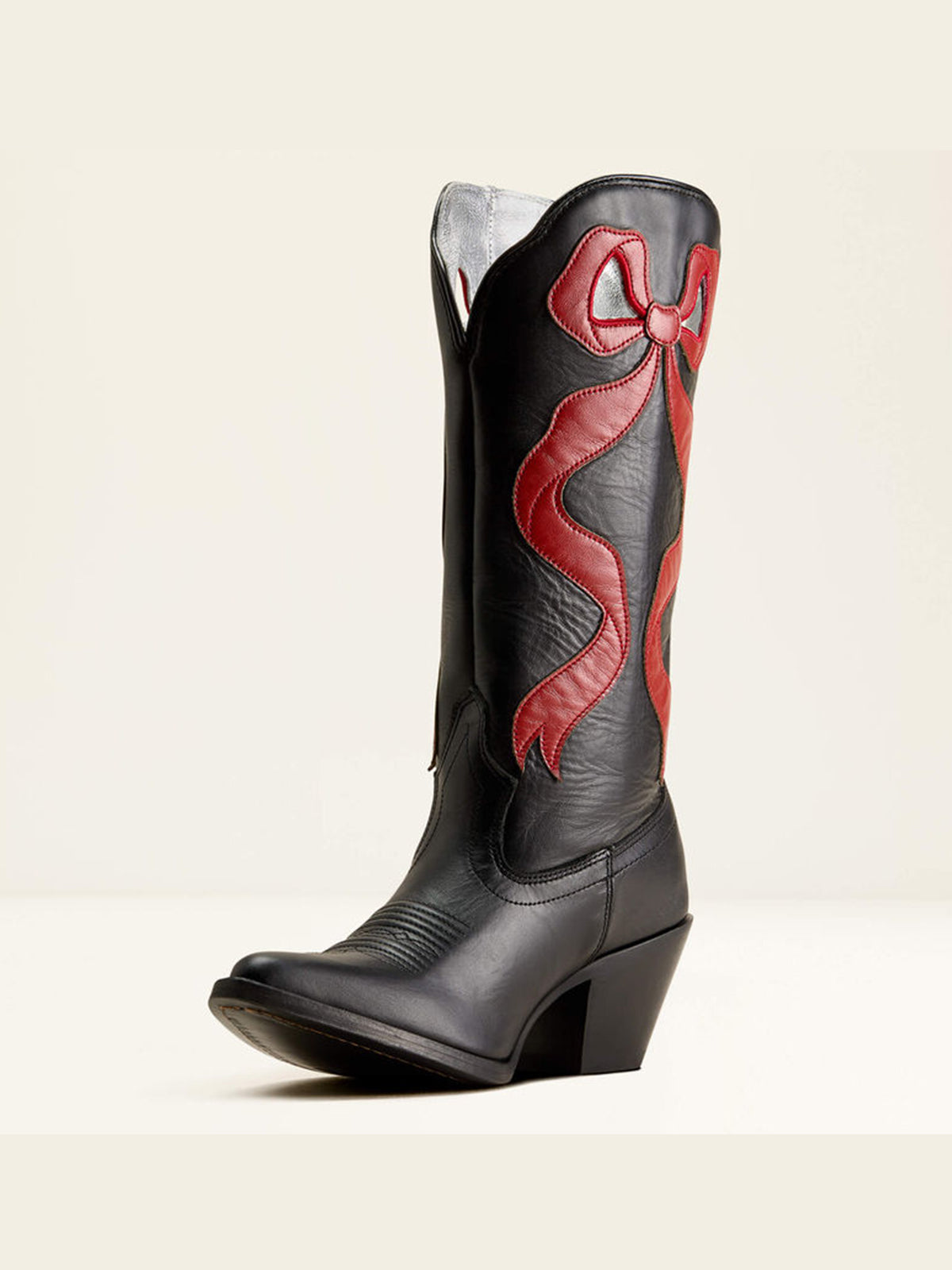 Black Almond-Toe Red Side Big Bow Applique Mid Calf Cowgirl Boots
