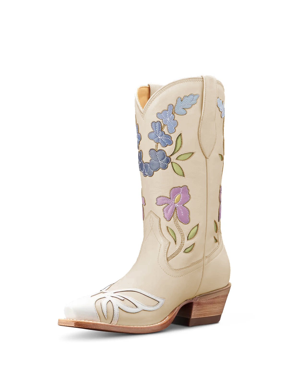 Beige Snip-Toe Flower Applique Mid Calf Pull On Cowgirl Boots
