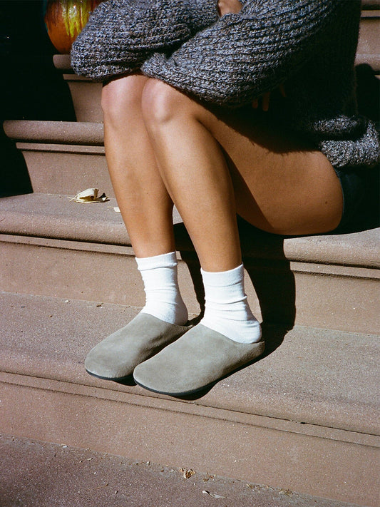 Khaki Faux Suede Square-Toe Slip-On Simple Backless Flats