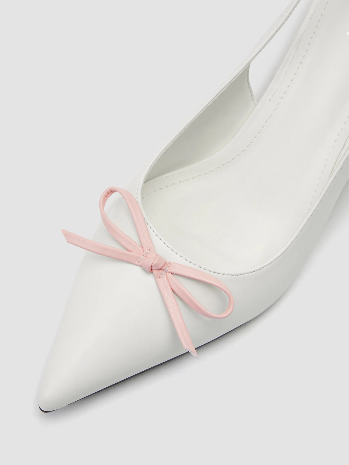 White Pointed-Toe Front Bow Buckle Back Strap Kitten Heels