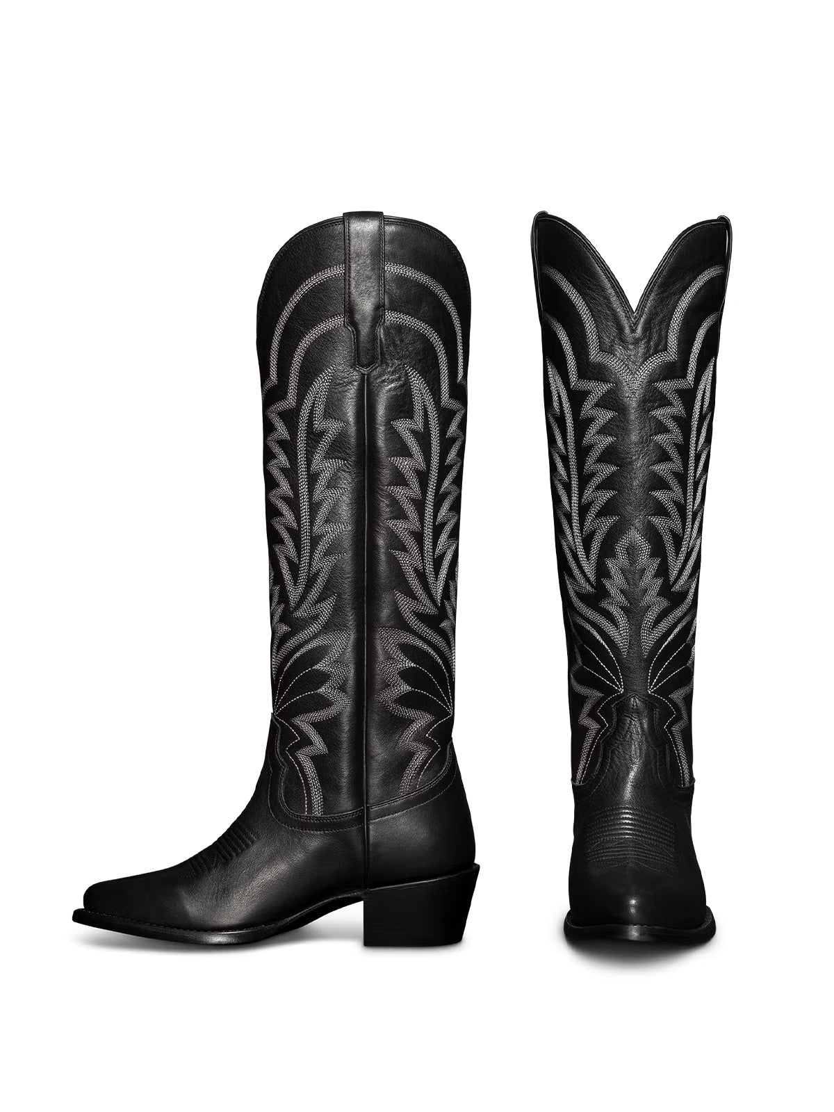 Western Embroidery Almond-Toe Tall Knee High Cowgirl Boots - Black