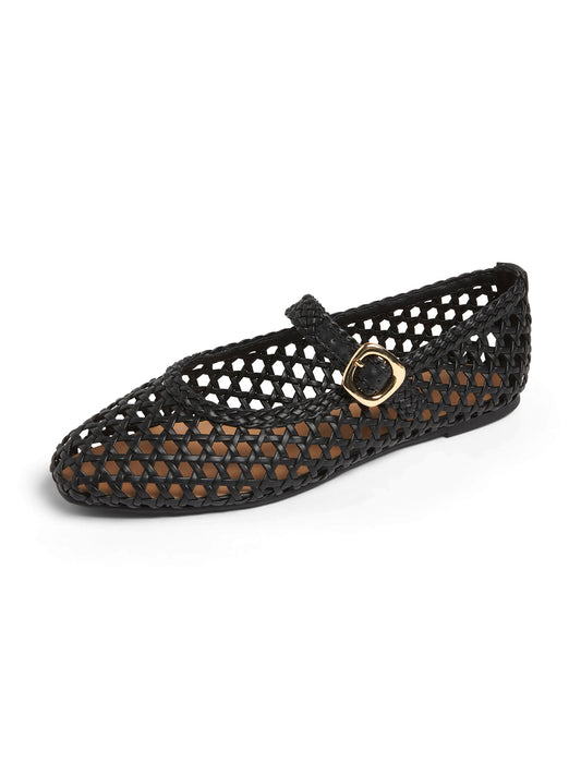 Black Woven Vegan Leather Square-Toe Buckle Mary Jane Classic Flats