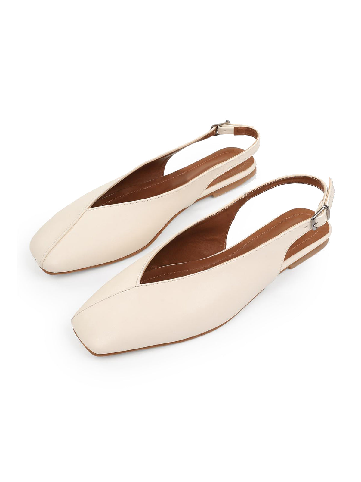Ivory Square-Toe Classic Buckle Back Strap Slip-On Flats