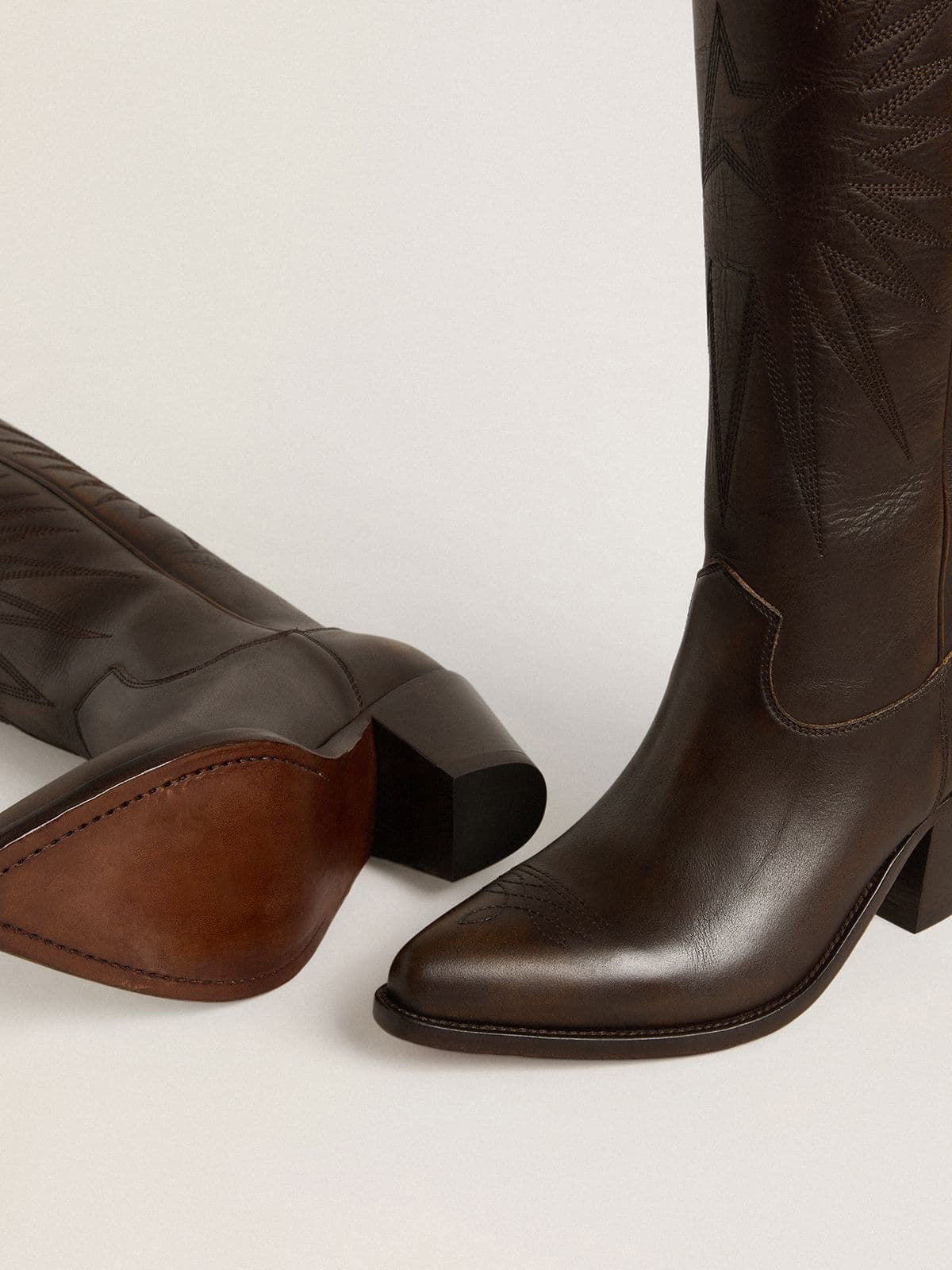 Dark Brown Snip-Toe Star Embroidery Wide Calf Knee High Classic Cowgirl Boots