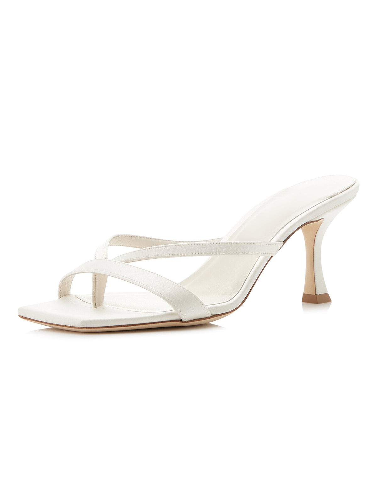 Ivory Satin Strappy Square-Toe Backless Slip-On Kitten Heels