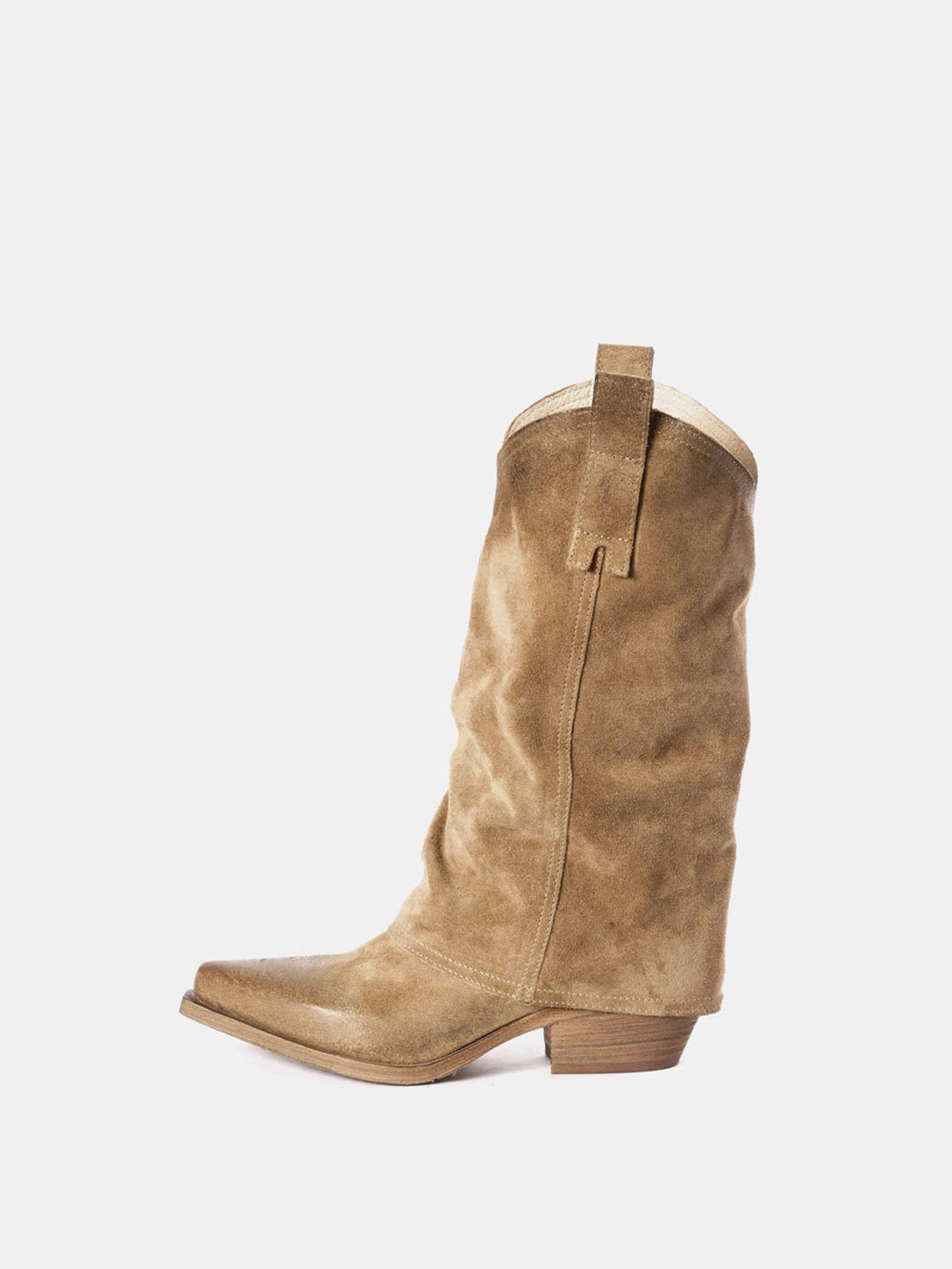 Tan Faux Suede Snip-Toe Mid Calf Fold-Over Cowgirl Boots