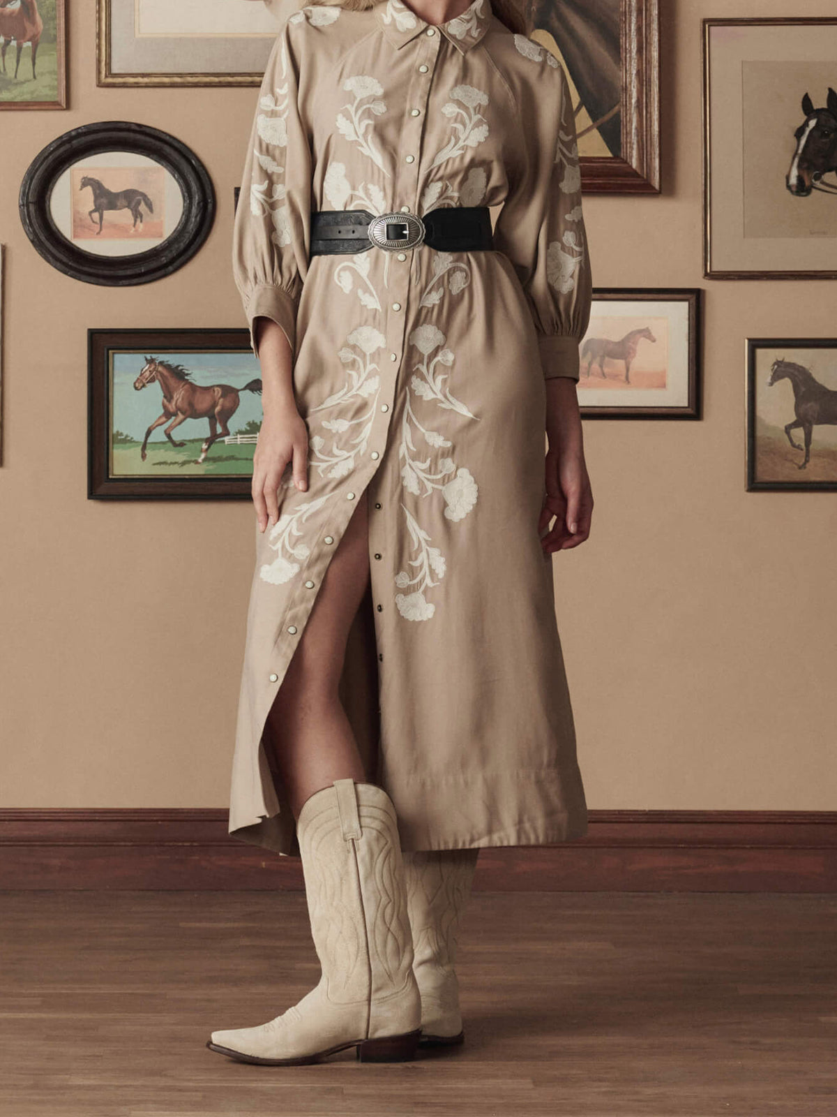 Beige Faux Suede Snip-Toe Classic Stitch Mid Calf Cowgirl Boots