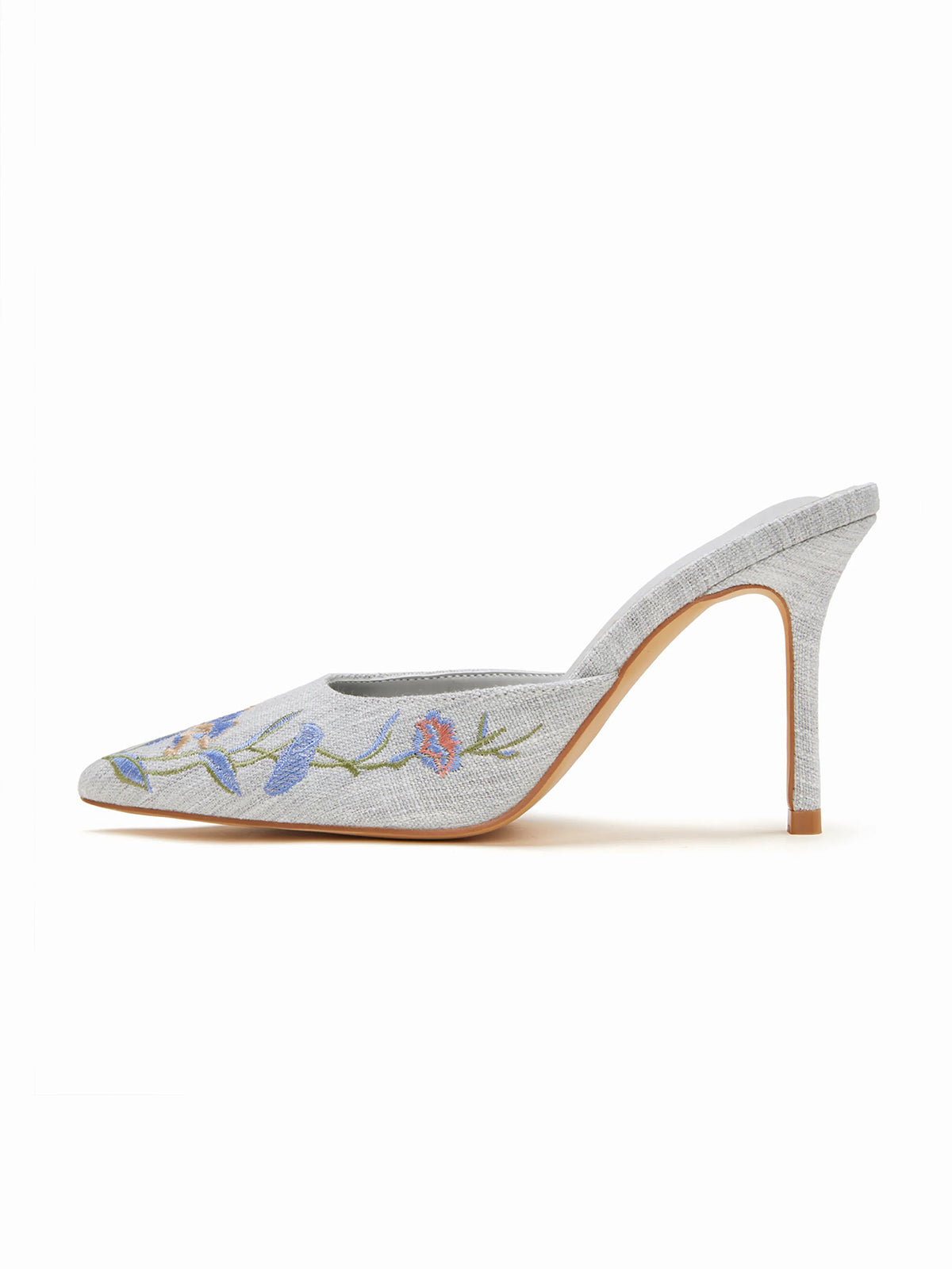 Blue Woven Canvas Pointed-Toe Flower Embroidery Slip-On High Heels