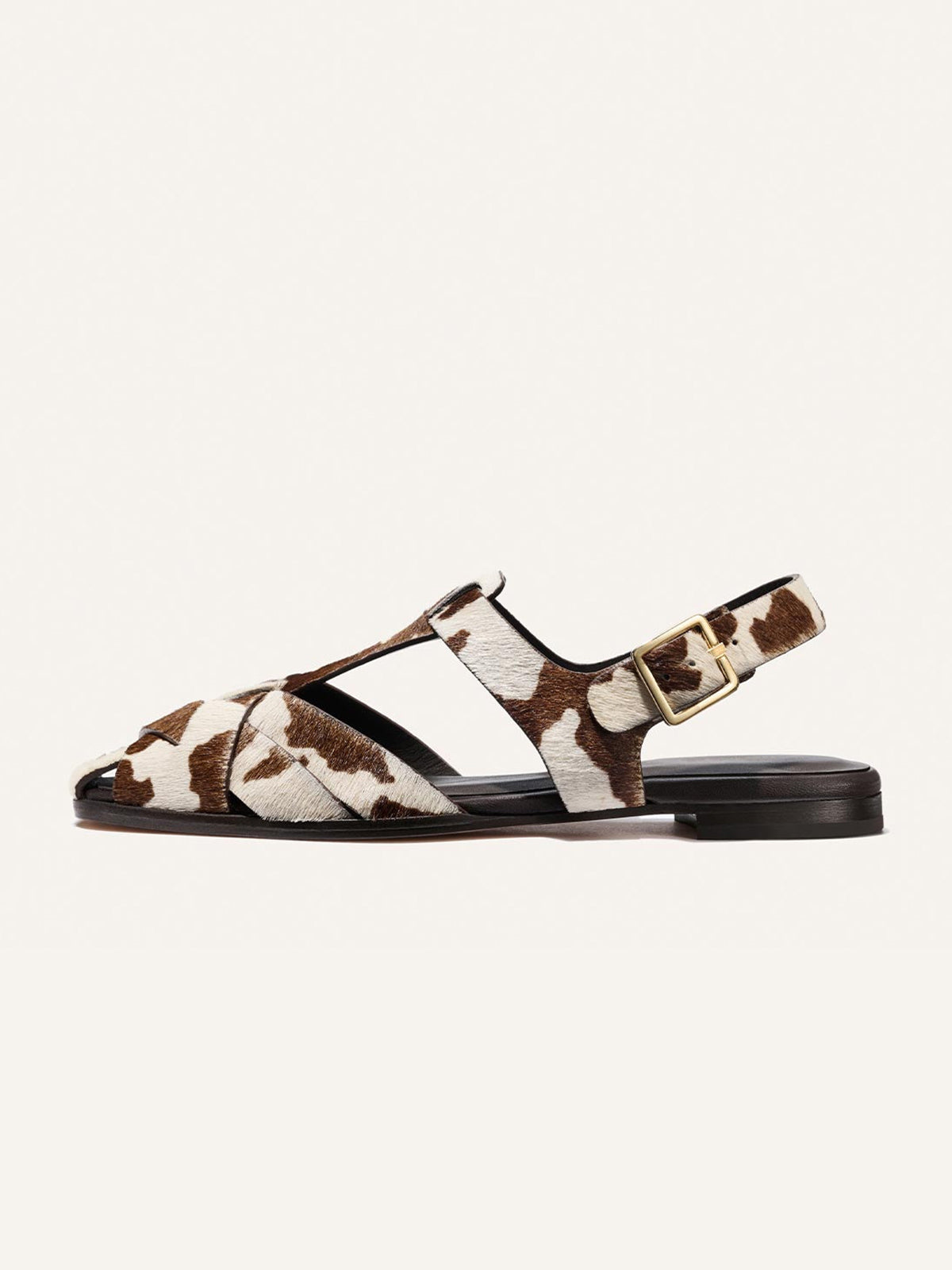 Cow Print Pony Hair Square-Toe Caged Fisherman Chic Flats