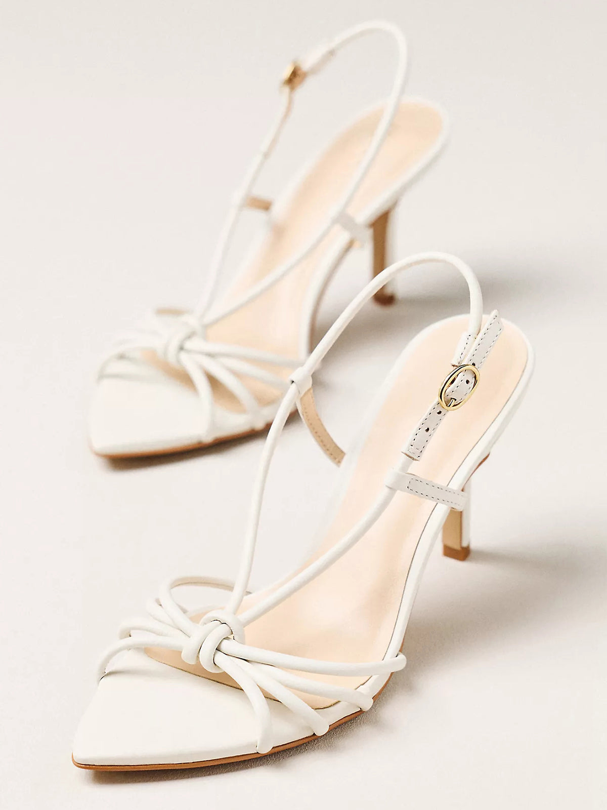 Cream Open Pointed-Toe Strappy And Buckle Slingback High Heels