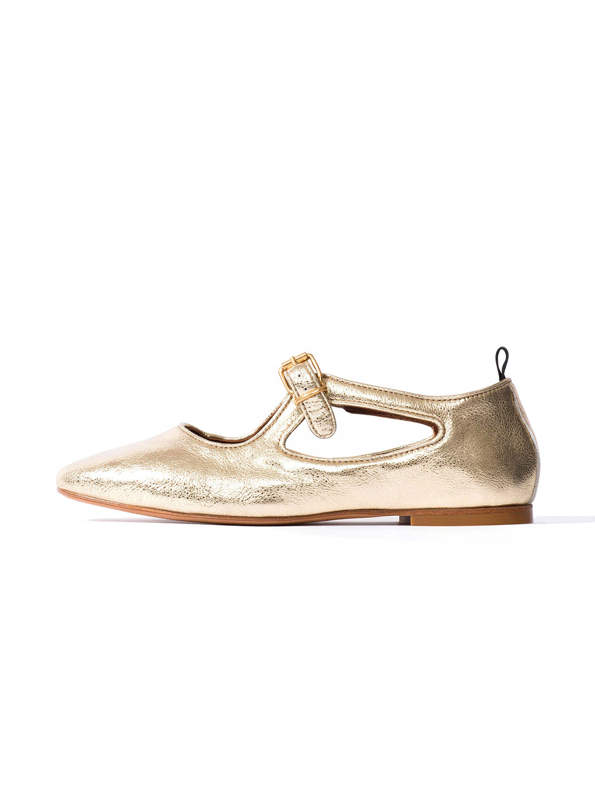 Square-Toe Buckle Strap Chic Flats - Metallic Gold