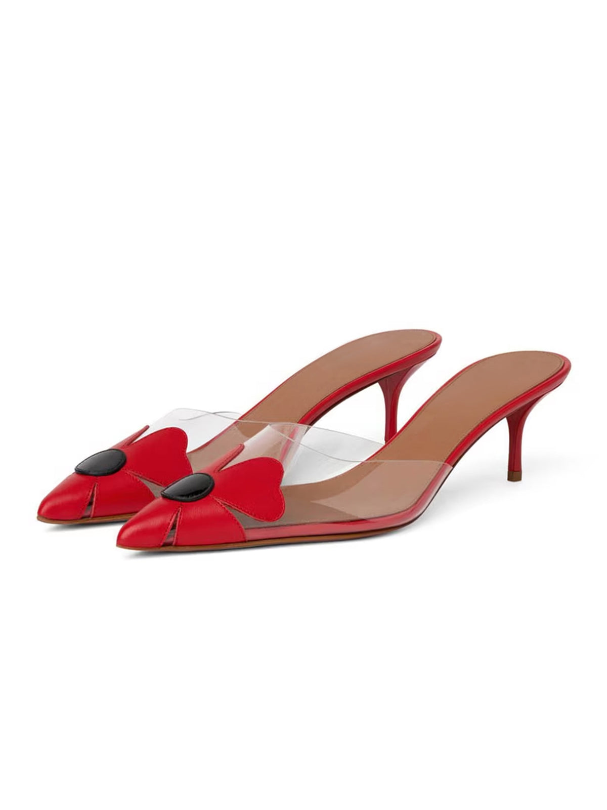 Patent Red Flower And TPU Transparent Film Pointed-Toe Slip-On Kitten Heels