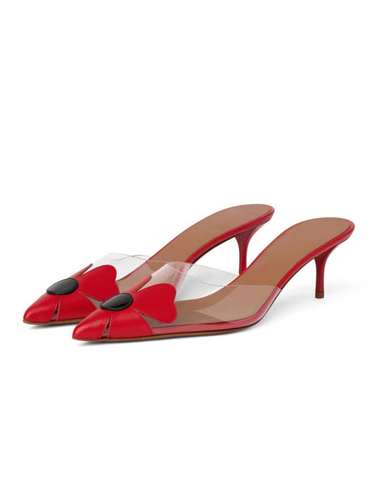 Patent Red Flower And TPU Transparent Film Pointed-Toe Slip-On Kitten Heels