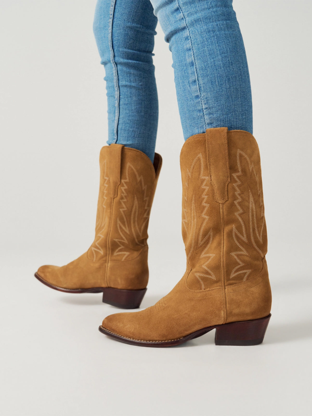 Caramel Faux Suede Almond-Toe Embroidery Mid Calf Cowgirl Boots