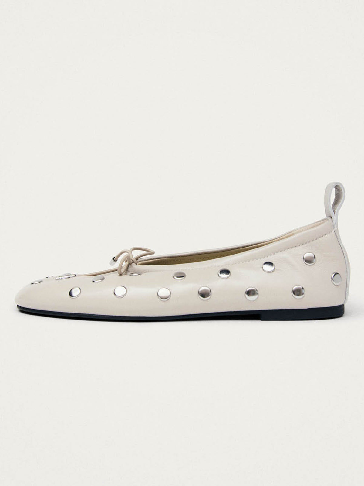 Ivory Square-Toe Full Studs And Front Bow Chic Ballet Flats