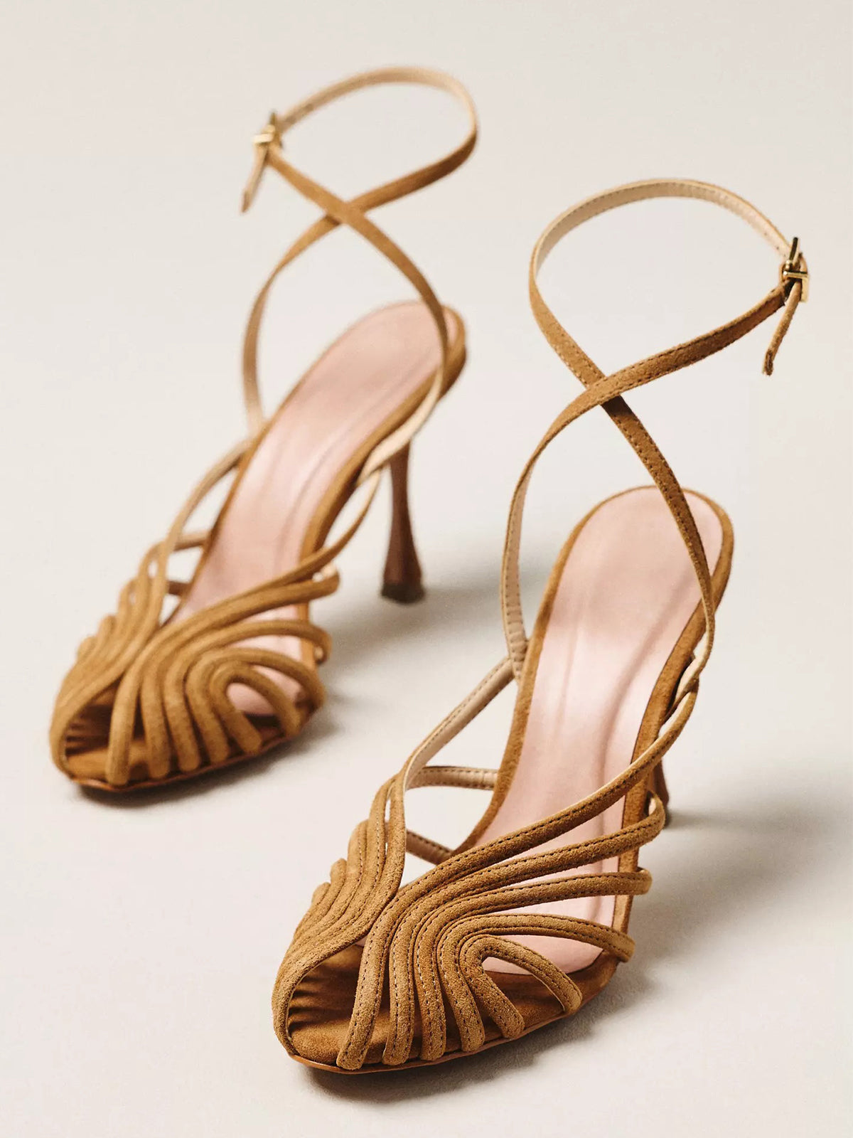 Brown Faux Suede Pointed-Toe Strappy Slingback And Buckle Ankle Strap High Heels